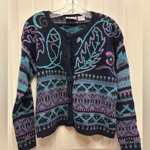 Sigrid Olsen Navy Multicolor Patterned Knit Cardigan, Small